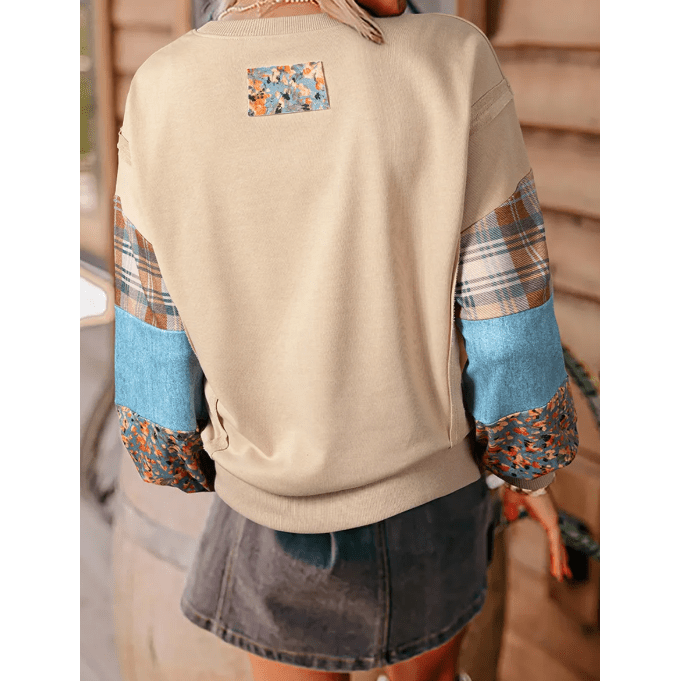 Delinda Khaki Plaid Colorblock Patchwork Sleeve Raw Seam Sweatshirt