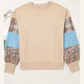 Delinda Khaki Plaid Colorblock Patchwork Sleeve Raw Seam Sweatshirt