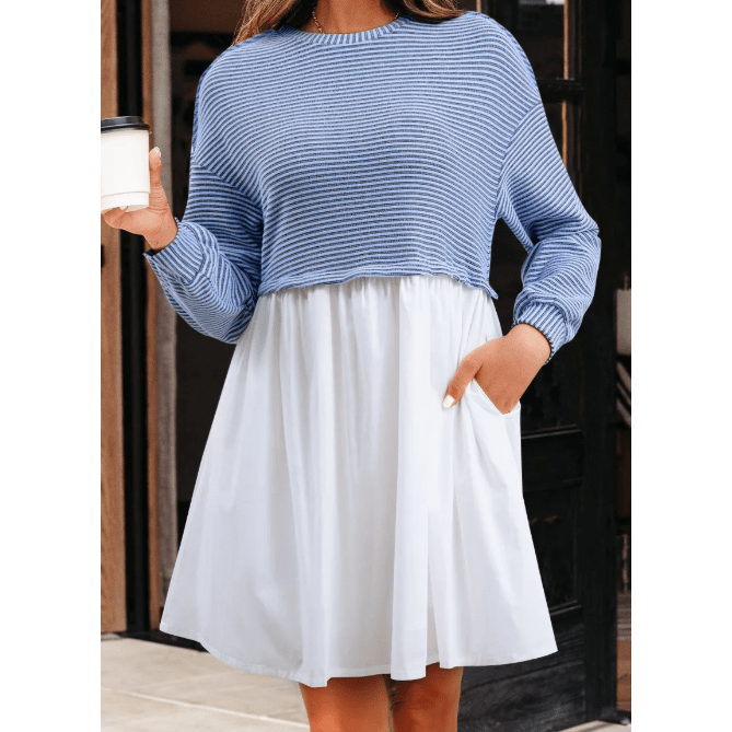 Carsten Sky Blue Stripe Patchwork Pleated High Waist Loose Mini Dress