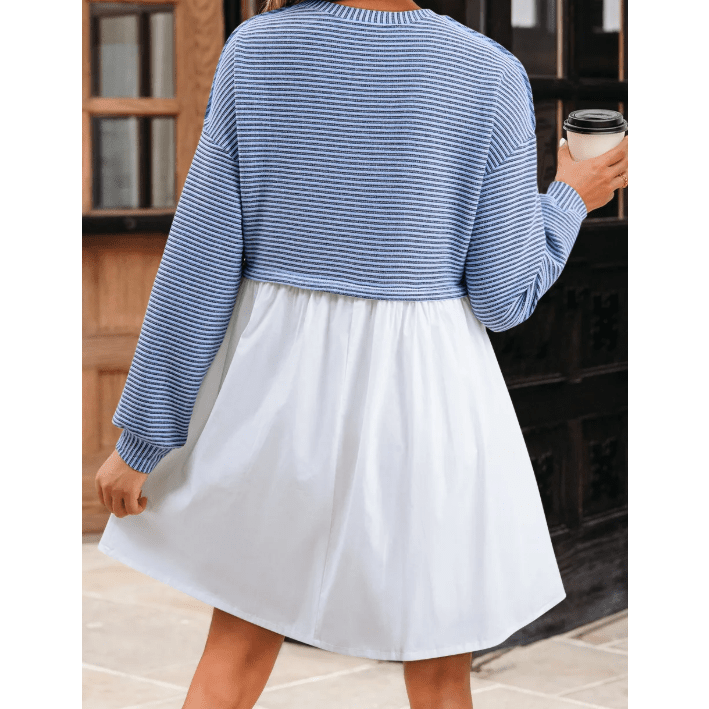 Carsten Sky Blue Stripe Patchwork Pleated High Waist Loose Mini Dress