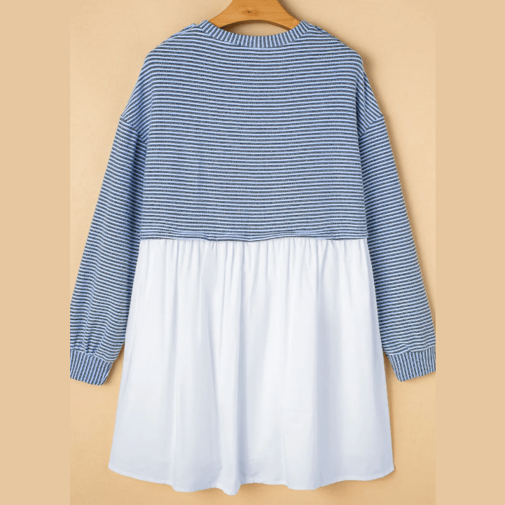 Carsten Sky Blue Stripe Patchwork Pleated High Waist Loose Mini Dress