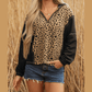 Liandra Brown Leopard Patchwork Contrast Stitching Knotted Cuff Quarter Zip Hoodie