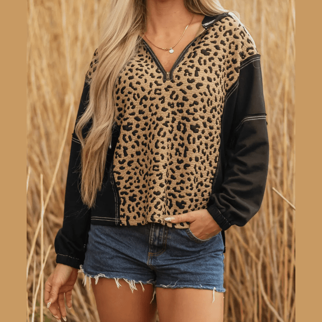 Liandra Brown Leopard Patchwork Contrast Stitching Knotted Cuff Quarter Zip Hoodie