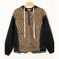 Liandra Brown Leopard Patchwork Contrast Stitching Knotted Cuff Quarter Zip Hoodie