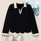 Kate Black Scallop Trim Color Block Long Sleeve Collared Top