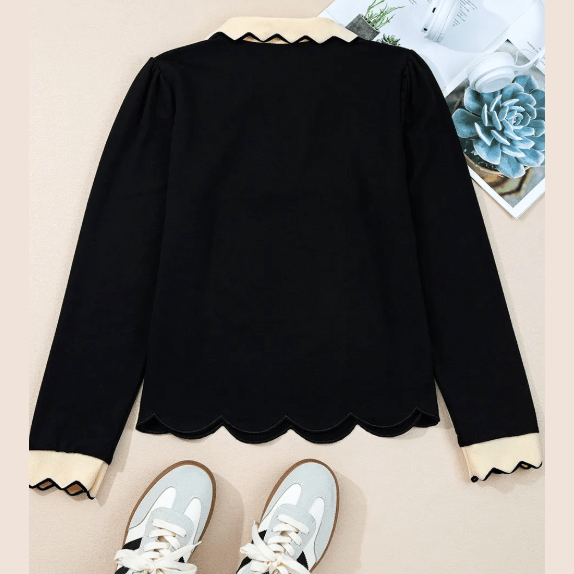 Kate Black Scallop Trim Color Block Long Sleeve Collared Top