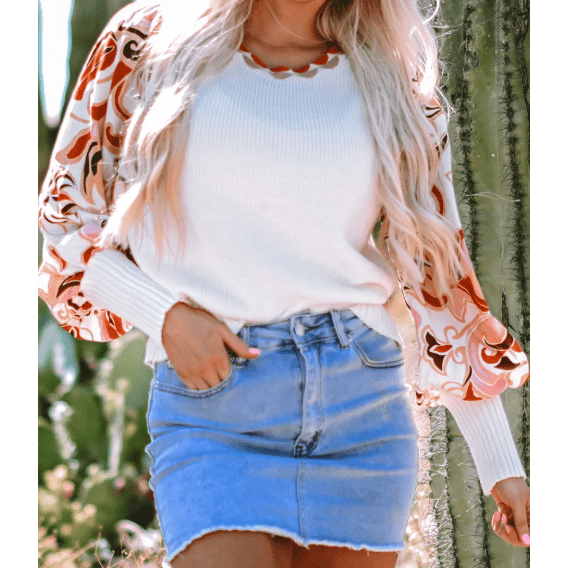 Effy White Floral Patch Bishop Sleeve Sweater