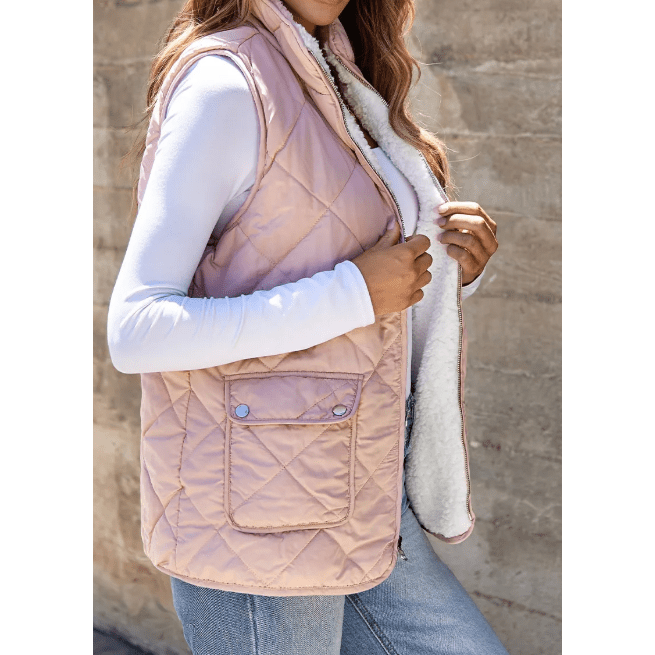 Lunden Pink Reversible Black Fleece Lined Quilted Zip up Vest
