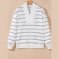 Samara White Zip V Neck Casual Stripe Print Drop Shoulder Long Sleeve Top