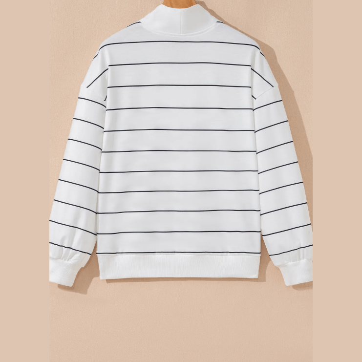 Samara White Zip V Neck Casual Stripe Print Drop Shoulder Long Sleeve Top