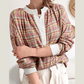 RTS Pink Colorblock Plaid Patchwork Henley Blouse
