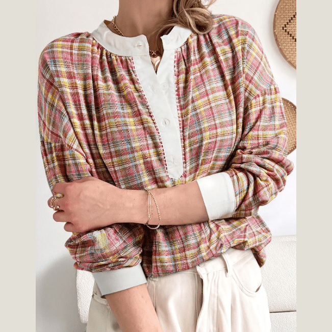 RTS Pink Colorblock Plaid Patchwork Henley Blouse