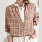 RTS Pink Colorblock Plaid Patchwork Henley Blouse