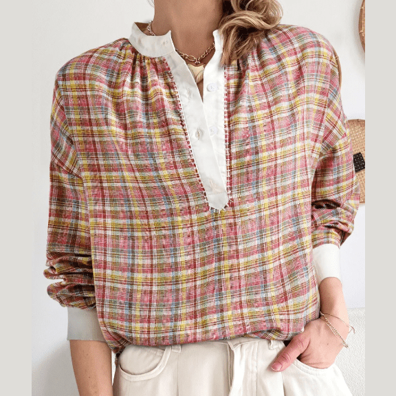 RTS Pink Colorblock Plaid Patchwork Henley Blouse