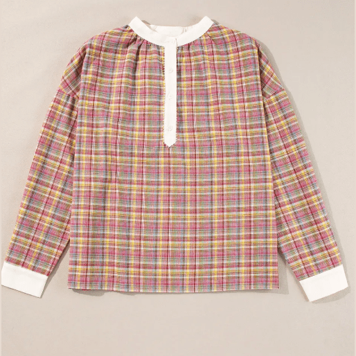 RTS Pink Colorblock Plaid Patchwork Henley Blouse