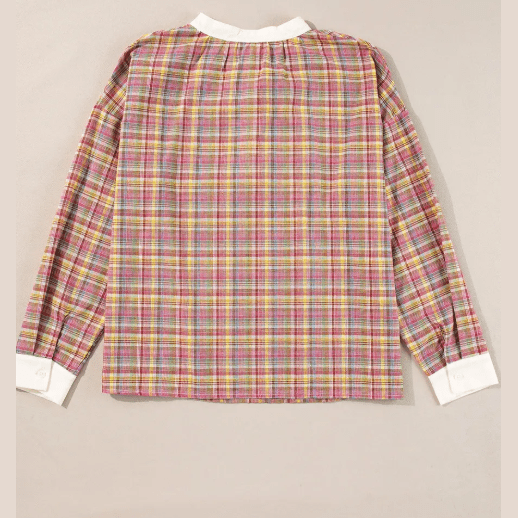 RTS Pink Colorblock Plaid Patchwork Henley Blouse