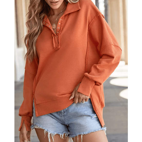 Aria Orange Buttoned Collared Raw Detail High Low Baggy Sweatshirt with Slits