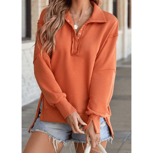 Aria Orange Buttoned Collared Raw Detail High Low Baggy Sweatshirt with Slits
