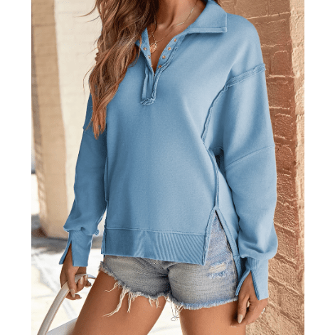 Aria Light Blue Buttoned Collared Raw Detail High Low Baggy Sweatshirt with Slits