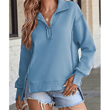 Aria Light Blue Buttoned Collared Raw Detail High Low Baggy Sweatshirt with Slits