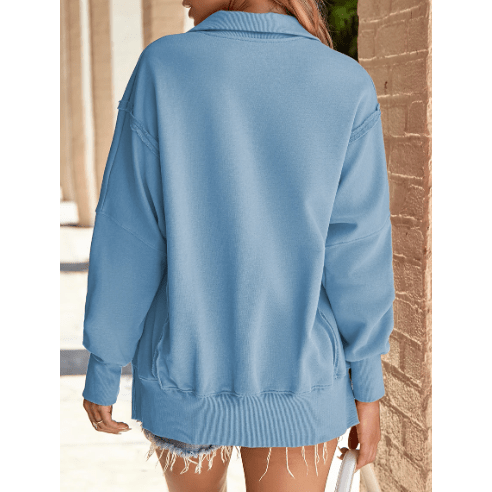 Aria Light Blue Buttoned Collared Raw Detail High Low Baggy Sweatshirt with Slits