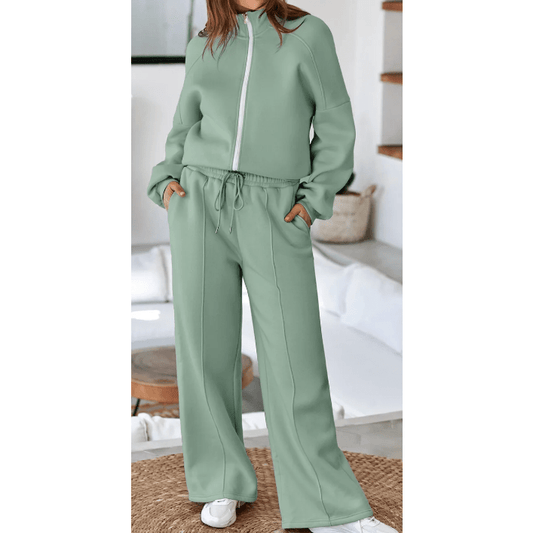 Bellah Green Drop Shoulder Zip Up Jacket Drawstring Pants Active 2pcs Set