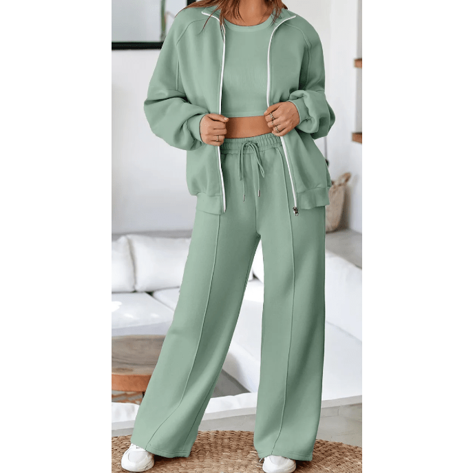 Bellah Green Drop Shoulder Zip Up Jacket Drawstring Pants Active 2pcs Set