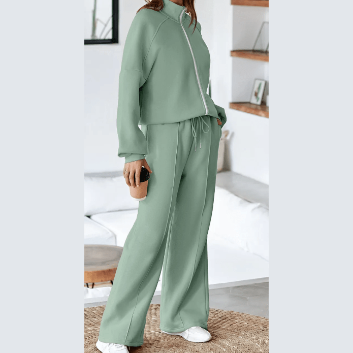 Bellah Green Drop Shoulder Zip Up Jacket Drawstring Pants Active 2pcs Set