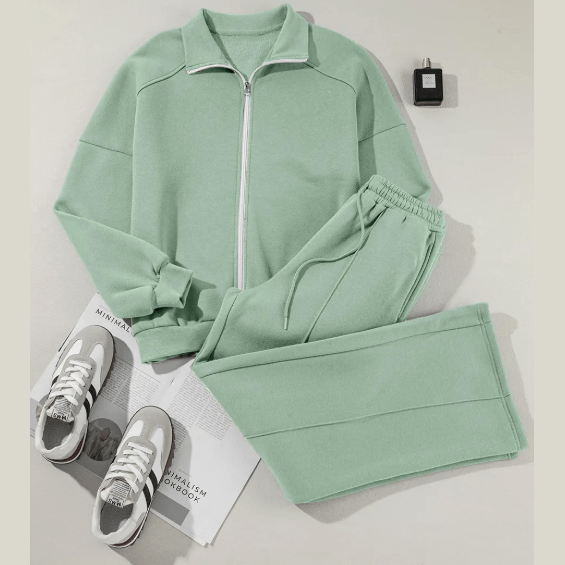 Bellah Green Drop Shoulder Zip Up Jacket Drawstring Pants Active 2pcs Set