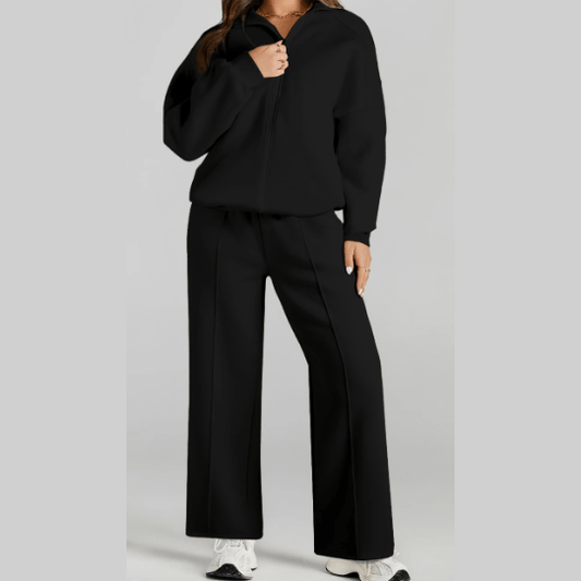 Bellah Black Drop Shoulder Zip Up Jacket Drawstring Pants Active 2pcs Set