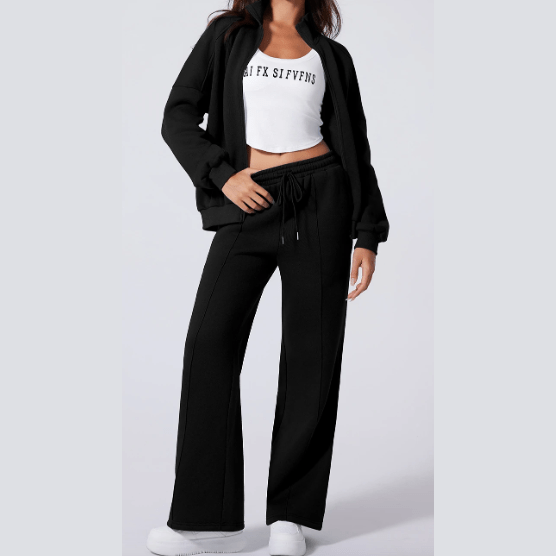 Bellah Black Drop Shoulder Zip Up Jacket Drawstring Pants Active 2pcs Set