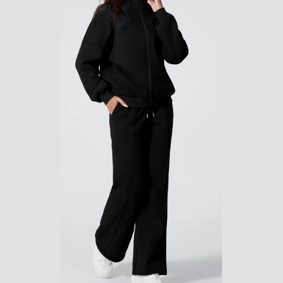 Bellah Black Drop Shoulder Zip Up Jacket Drawstring Pants Active 2pcs Set