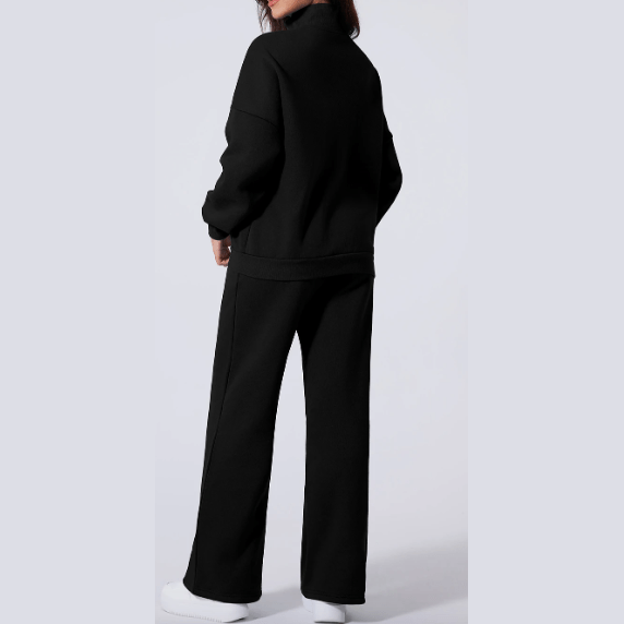 Bellah Black Drop Shoulder Zip Up Jacket Drawstring Pants Active 2pcs Set
