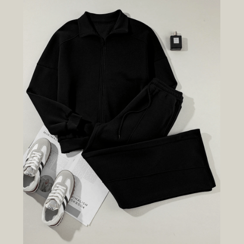 Bellah Black Drop Shoulder Zip Up Jacket Drawstring Pants Active 2pcs Set