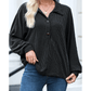 Celina Black Oversized Twist Ribbed Collared Henley Top with Roll up Sleeve