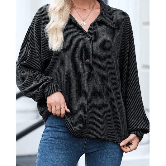 Celina Black Oversized Twist Ribbed Collared Henley Top with Roll up Sleeve