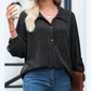 Celina Black Oversized Twist Ribbed Collared Henley Top with Roll up Sleeve