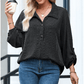 Celina Black Oversized Twist Ribbed Collared Henley Top with Roll up Sleeve