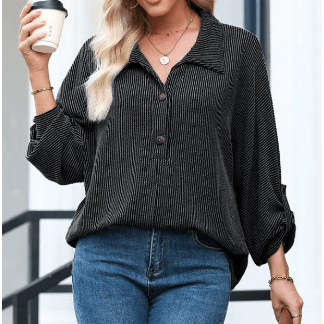 Celina Black Oversized Twist Ribbed Collared Henley Top with Roll up Sleeve