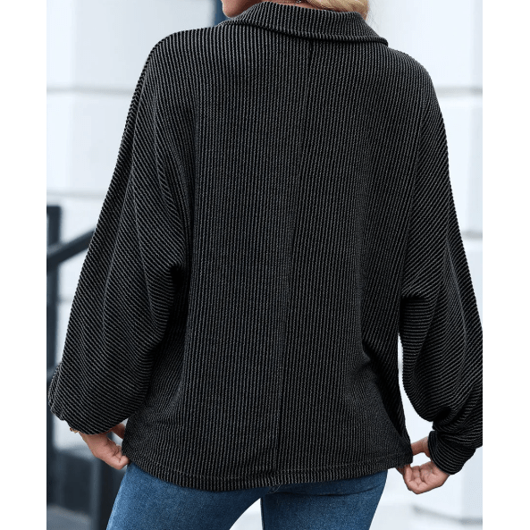 Celina Black Oversized Twist Ribbed Collared Henley Top with Roll up Sleeve