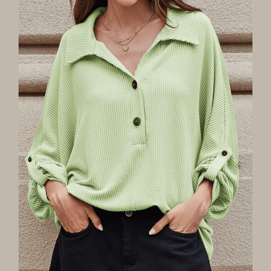 Celina Green Oversized Twist Ribbed Collared Henley Top with Roll up Sleeve
