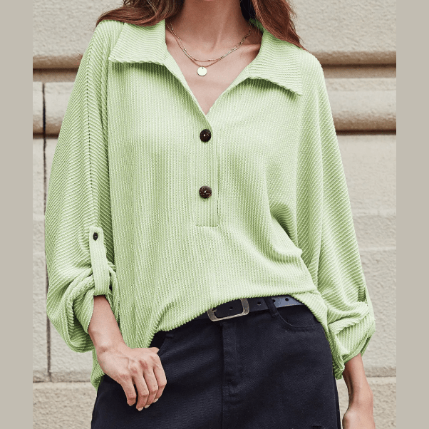 Celina Green Oversized Twist Ribbed Collared Henley Top with Roll up Sleeve