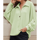 Celina Green Oversized Twist Ribbed Collared Henley Top with Roll up Sleeve
