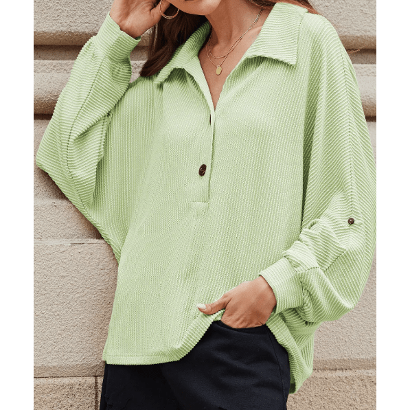 Celina Green Oversized Twist Ribbed Collared Henley Top with Roll up Sleeve
