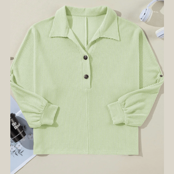 Celina Green Oversized Twist Ribbed Collared Henley Top with Roll up Sleeve