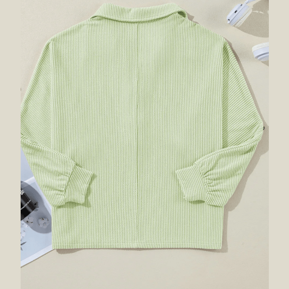 Celina Green Oversized Twist Ribbed Collared Henley Top with Roll up Sleeve