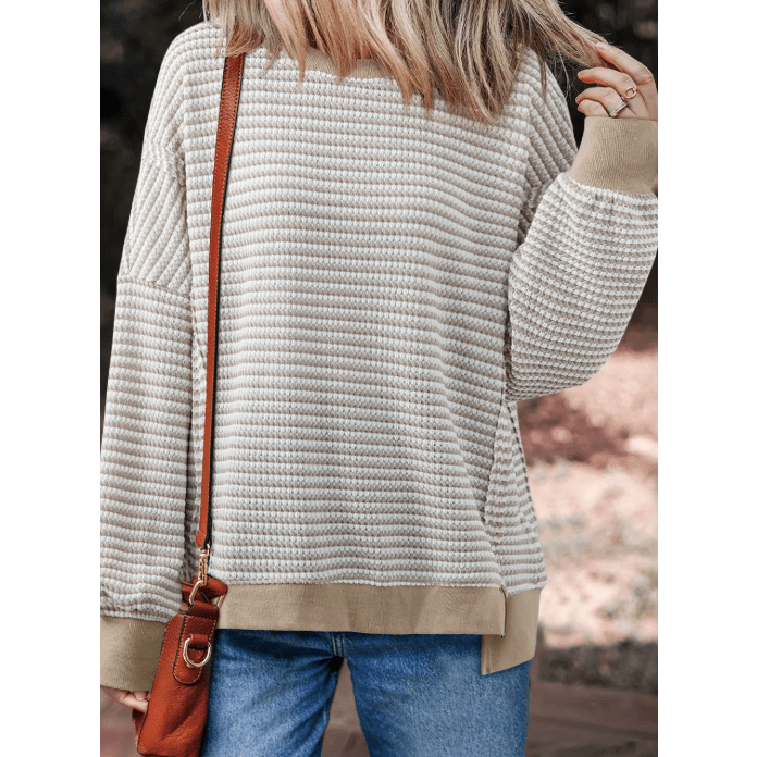 Dayna Khaki Stripe Ribbed Trim Drop Shoulder Long Sleeve Oversize Top
