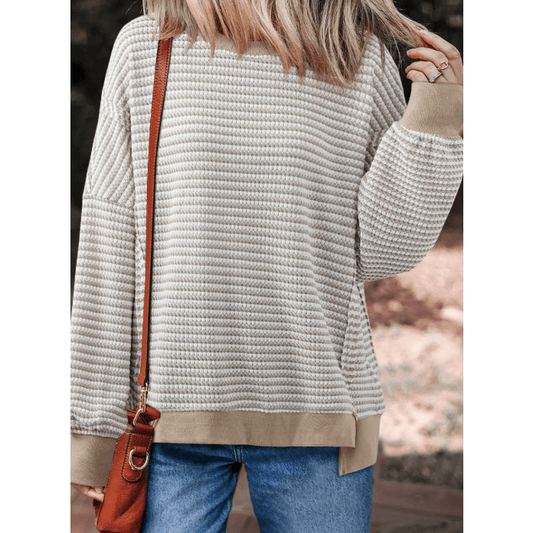 Dayna Khaki Stripe Ribbed Trim Drop Shoulder Long Sleeve Oversize Top