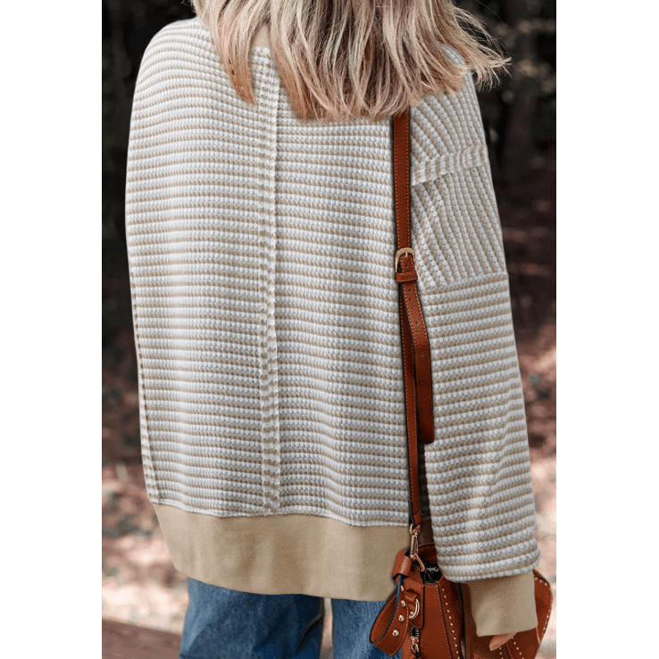 Dayna Khaki Stripe Ribbed Trim Drop Shoulder Long Sleeve Oversize Top