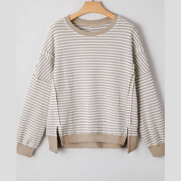 Dayna Khaki Stripe Ribbed Trim Drop Shoulder Long Sleeve Oversize Top